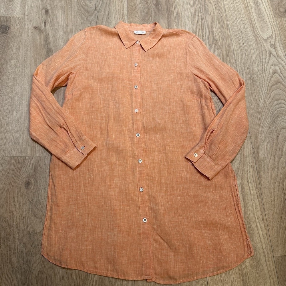 J. Jill Love Linen Orange Button Down Tunic Shirt Long Sleeve Women Medium Boho